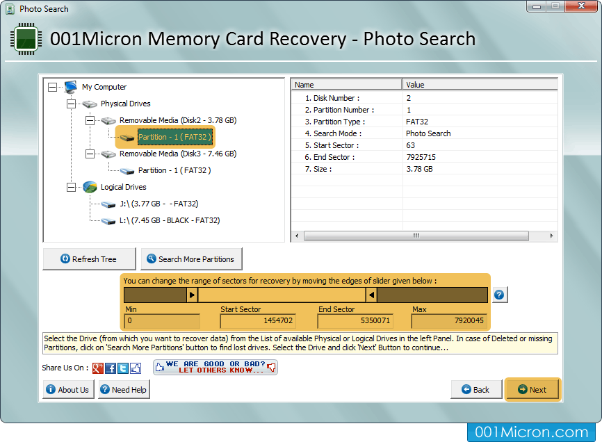 Screenshot of storage drive selection for Memory card recovery software